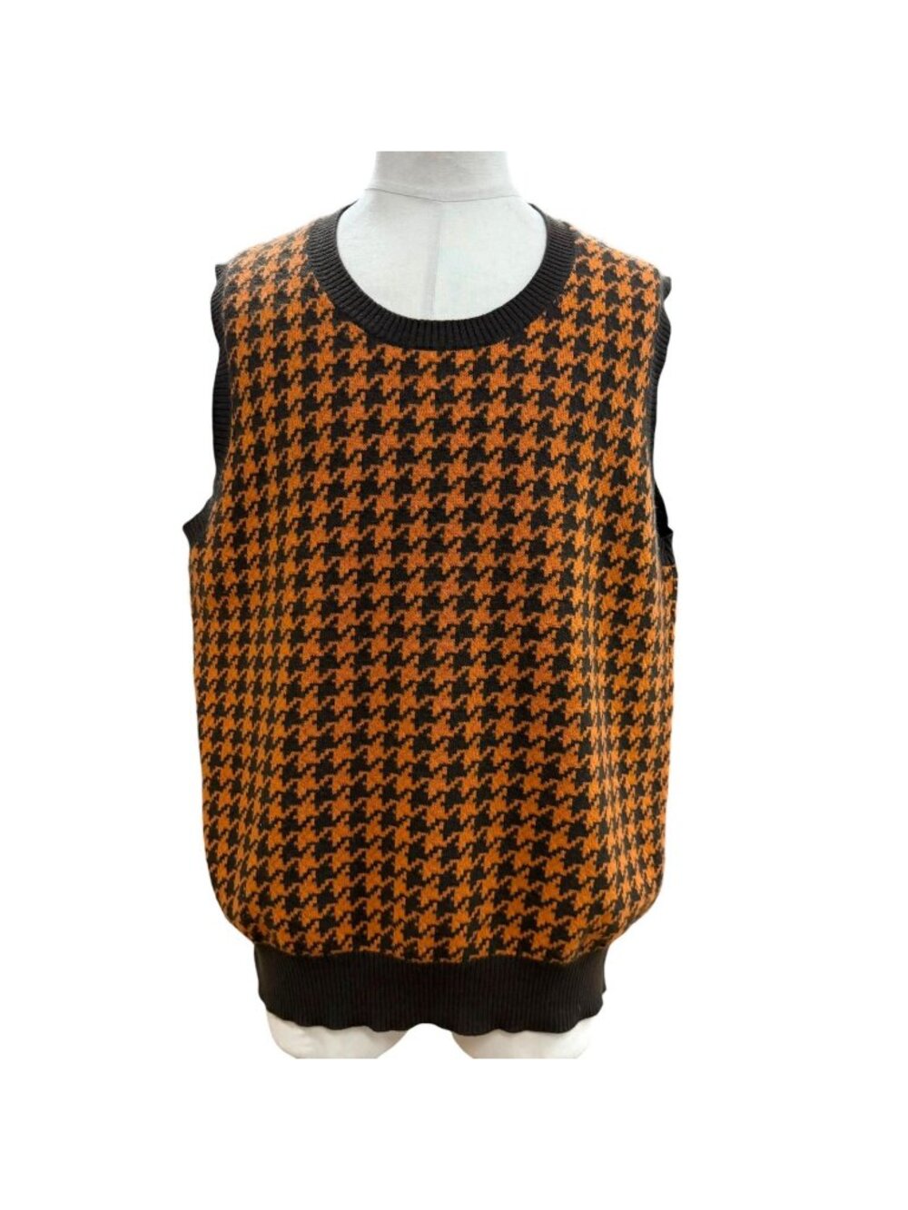 Hermes Wool Cashmere Houndstooth Knit Gilet Vest Orange Dark Brown XL